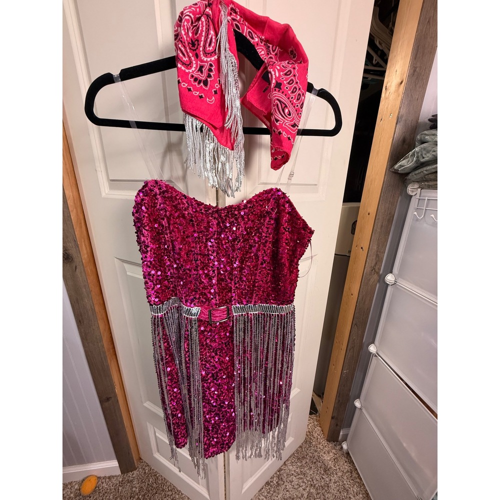 Blue B Berry Pink Sequin Fringe Mini Dress Bandana Set Festival Outfit 32520SET